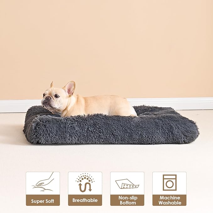EHEYCIGA Fluffy Dog Crate Bed for Medium Dogs, Plush Faux Fur Crate Pad, Calming Anti Anxiety Medium Dog Bed, Washable Soft Warm Mat with Non-Slip Bottom, Dark Grey