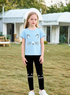 4-8T Toddler Girl Clothes Cat face print Short Sleeve Top+Pants Outfits Girl Spring and summer 2-Piece Set
