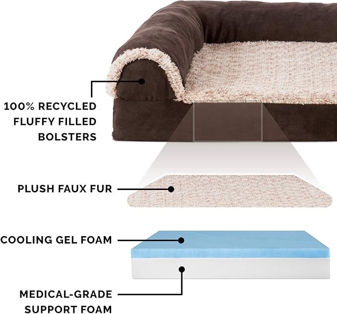 Furhaven Cooling Gel Dog Bed for Large/Medium Dogs w/ Removable Bolsters & Washable Cover, For Dogs Up to 55 lbs - Two-Tone Plush Faux Fur & Suede L Shaped Chaise - Espresso, Large