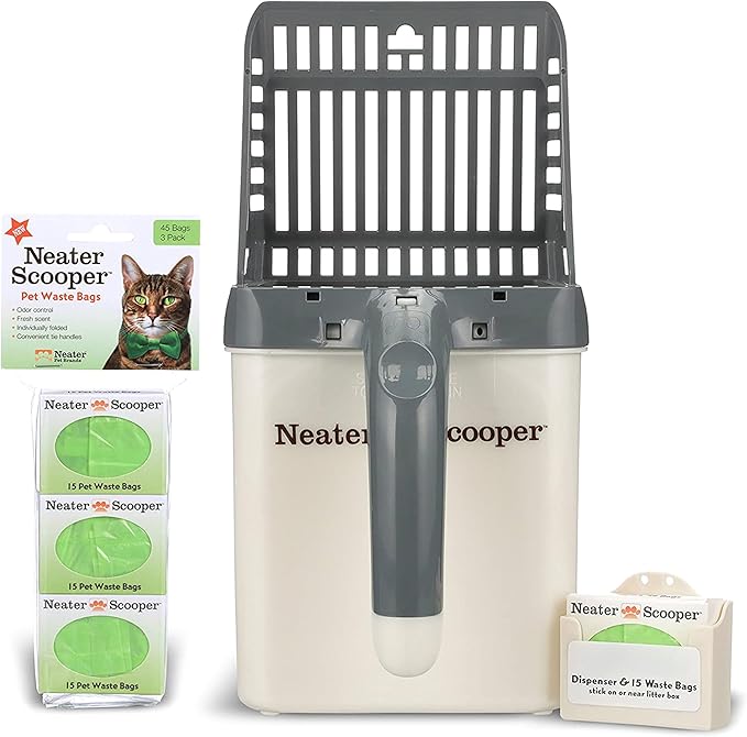 Neater Pet Brands Neater Scooper Standard Cat Litter Scoop, 60 Refill Bags – Mess-Free Cat Litter Scooper with Bag, Spill-Proof Kitty Box Sifter, Bin Doubles as Scoop Holder, For Single-Cat Households