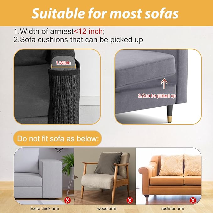 Cat Scratch Couch Protector,Cat Scratch Sofa Armrest Cover with Sisal Mat and Toy for Cats,Sofa Scratcher Furniture Protector 23.6’’L*19.7’’W (Black/Left Hand)
