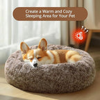JOLLYVOGUE Calming Dog Bed Large Size Dog, Anti-Anxiety Donut Large Pet Bed, 36 inches Fluffy Faux Fur Round Cat Bed, Fits up to 75 lbs Pets (Smoke Brown)