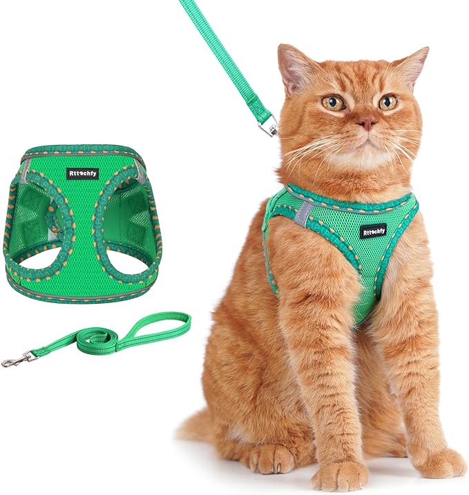Rttochfy Cat Harness and Leash Set, Escape Proof Kitten Harness, Soft and Breathable Vest with Reflective Strip, Easy to Wear for Cats Walking and Traveling (Green, L)