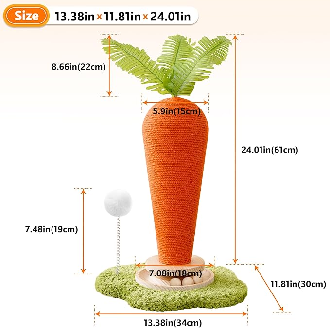 Cute Cat Scratching Post, Carrot Cat Scratcher Post with Durable Natural Wooden Turntable Toy and Catnip, 24'‘ H Carrot Shape Design Sisal Cat Tree Sisal Scratcher for Indoor Cats (Cloud Base)