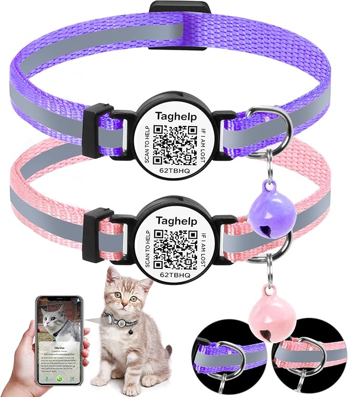 2 Pack Breakaway Cat Collar with QR Code & Bell, Reflective Safety Collar with Never-Lost Digital ID Tag, Adjustable 7.5-12.5 Inch for Indoor Outdoor Cats (Purple & Pink)