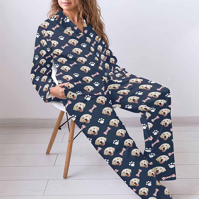 MyPupSocks Custom Face Pajamas for Women Set, Personalized Photo Long Sleepwear XS-XXL