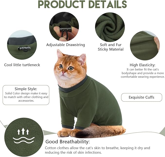 Sticky Cat Clothes Stretchy, Sphynx Hairless Sweater & Pajamas for Cats only, Soft Cat Onesie for Cats After Surgery Female Male & Hair Loss Prevention, Green XL