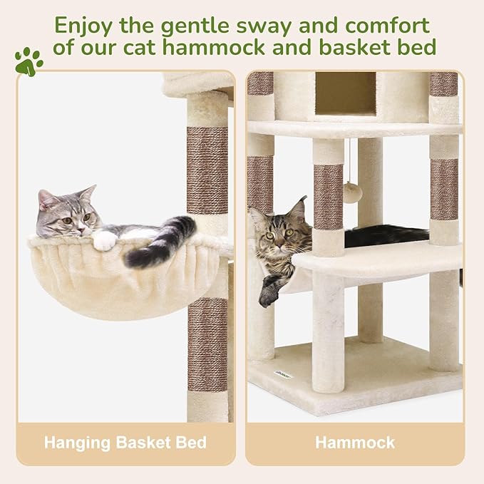 Globlazer Corner Cat Tree, 51in Curved Series Modern Cat Tower for Indoor Cats with Hammock, 7 Sisal Scratching Posts, Large Fan-Shaped Platform for Large Cats, Cat Condo & Hanging Basket, C51, Beige