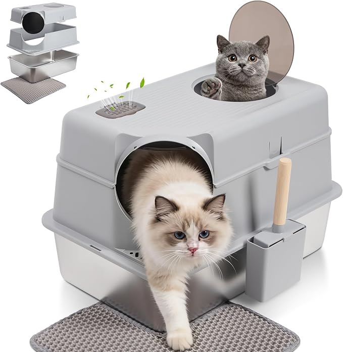 Extra Large Stainless Steel Litter Box with Lid, High Sided Enclosed Metal Cat Litter Box, Dog Proof Front Entry Top Exit, Odor Control, Easy to Clean, Leak Proof, Included Scoop & Mat