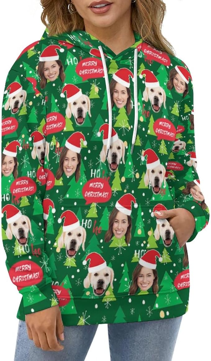 Artsadd Custom Face Unisex athletic Pockets Sweatshirt Loose Hoodie Custom Christmas Long Sleeve Sweatshirt Hooded Pullover