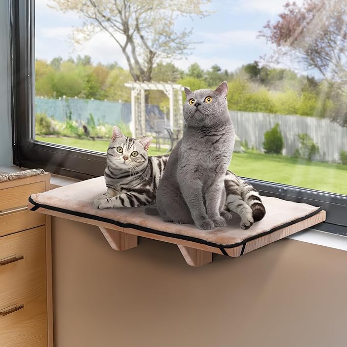 PETSFIT Cat Window Perch for 2 Cats, Adjustable Cat Hammock with Removable Fleece Mat, Natural Solid Wood Design, Easy to Assemble Window Perch for Large Cats, Fits Windowsill, Bedside & Drawer