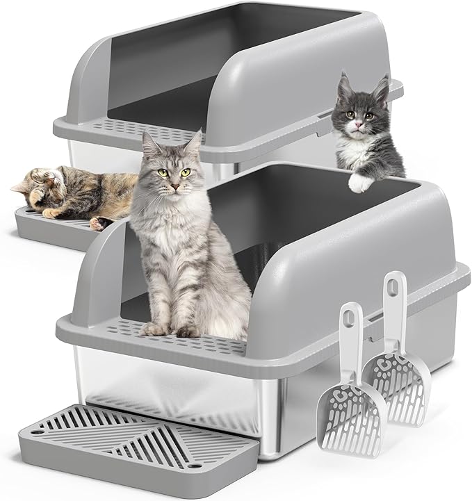 2 Pack XL Stainless Steel Litter Box Enclosure with Lid, Stainless Steel Cat Litter Pan for Big Cats, Large Metal Litter Box with Anti-Leakage High Wall, Non-Sticky Easy Cleaning Cat Litter Tray
