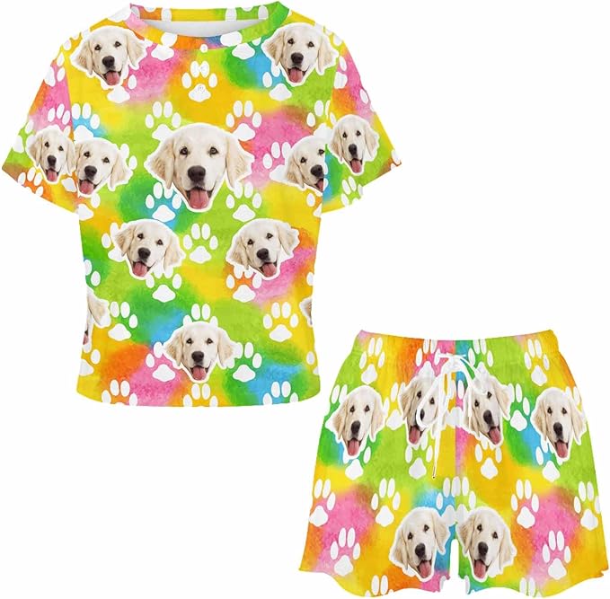 D-Story Custom Short Pajama Set with Pet Face Personalized Photo Sleepwear 2 Pieces Pjs Nightwear Xmas Gift for Women