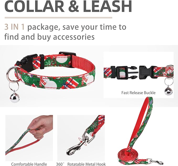 PUPTECK Adjustable Dog Harness Collar and Leash Set Step in No Pull Pet Harness for Small Medium Dogs Puppy and Cats Outdoor Walking Running, Soft Mesh Padded Reflective Vest Harnesses, Christmas, S