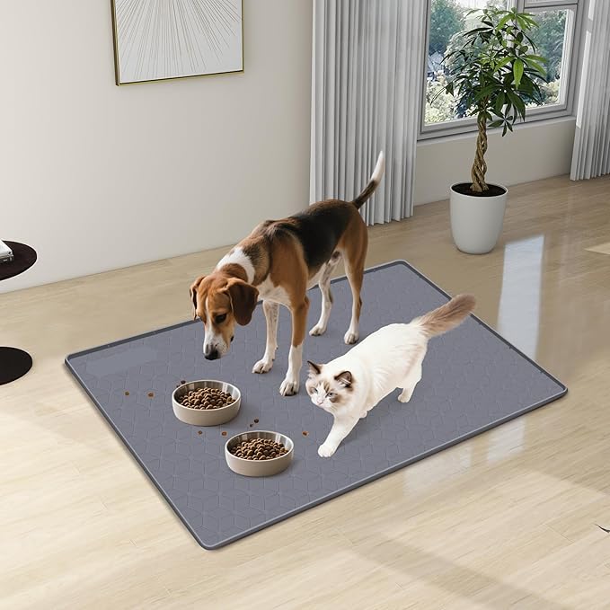 Cat Food Mat, 34" x 22" Large Silicone Pet Feeding Mat with Raised Edge Pet Placemat for Food and Water Bowl Non-Slip, Easy to Clean, Floor Protection (Dark Grey)