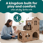 FurHaven Farmhouse Multi-Level Cardboard Cat House for Indoor Cats with Catnip & Toys, Double-Walled Corrugated Scratcher Designed for Lounging, Play & Comfort, One Size, Cardboard, Brown