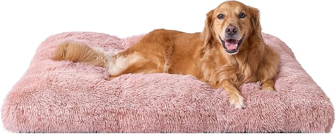 EHEYCIGA Fluffy Dog Crate Bed for Extra Large Dogs, Plush Faux Fur Crate Pad, Calming Anti Anxiety XL Dog Bed, Washable Soft Warm Crate Mat with Non-Slip Bottom, Pink