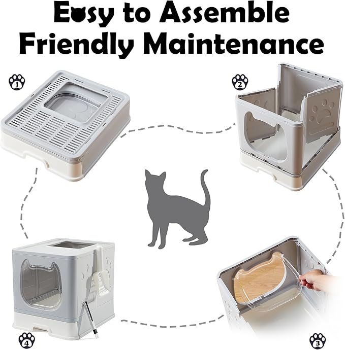Vealind Covered Litter Box with Lid, Low Entry Kitten Small Litter Box Enclosure with Scooper and Brush, Anti-Splashing Top Entry Litter Box Grey