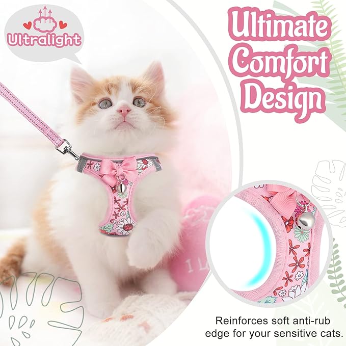Cat Harness and Leash Escape Proof for Walking, Adjustable Soft Kitten Harness with Reflective Straps Step in Cat Vest Harness for Small Kitten and XS Dogs (Pink, L-Chest(15.7"-17.7"))