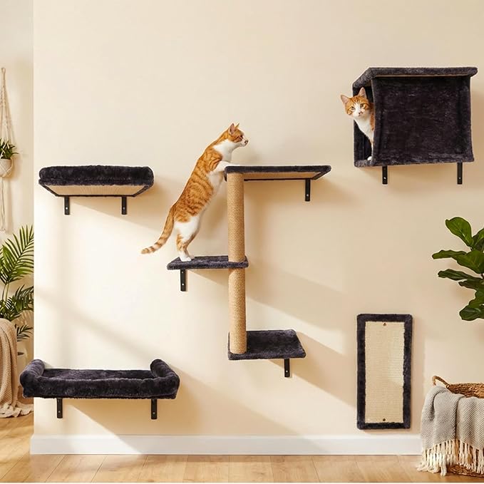 5in1 Cat Wall Shelves Climbing Systems, Large Cat Furniture Shelf Set Wall Hanging Mounted, Sisal Scratching Perch Bed 2 Steps Tower Tree for Indoor House Corner Ladder