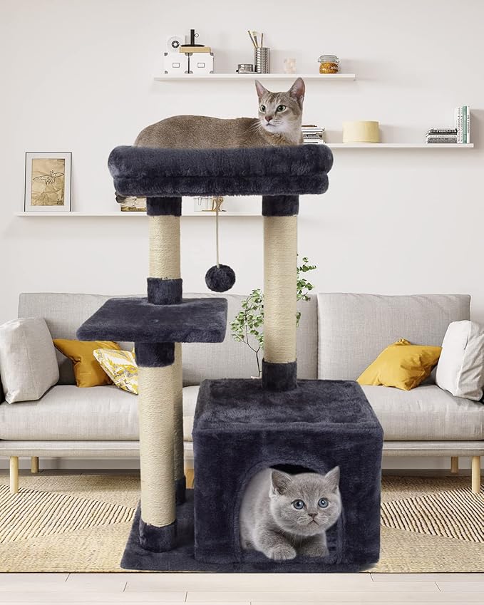 FISH&NAP Cute Cat Tree Kitten Cat Tower for Indoor Cat Condo Sisal Scratching Posts with Jump Platform Cat Furniture Activity Center Play House Smoky Grey