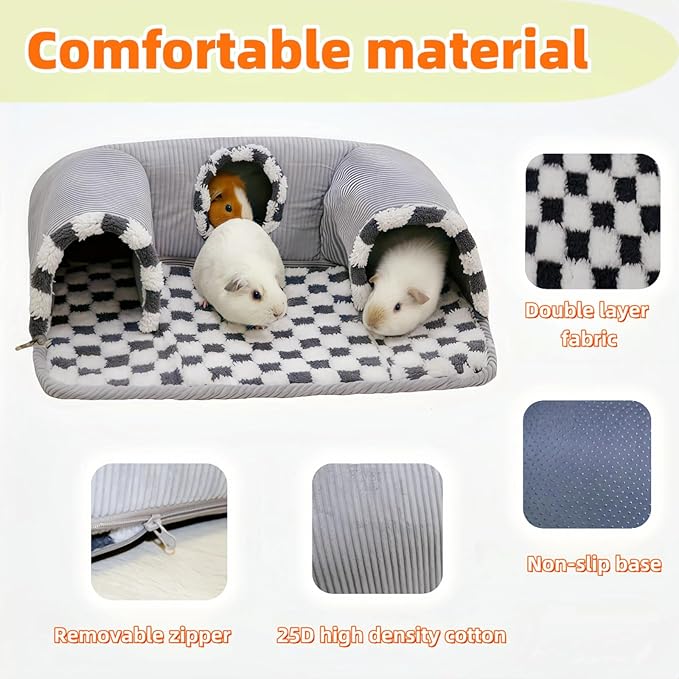 Guinea Pig Hideout Tunnel with Warm Bed for Small Pet 3 Cave Small Animal Tunnel Toy Cages Grey