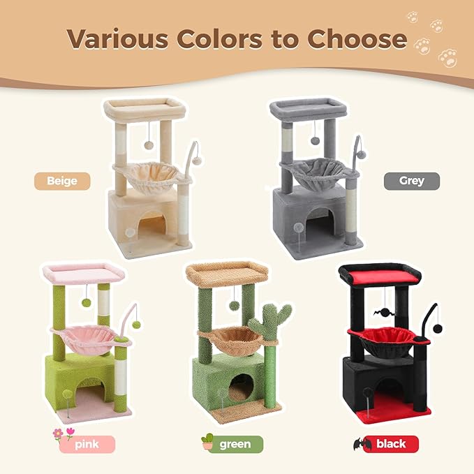 PEQULTI 4-in-1 Cat Tree, 33'' Cat Tower for Indoor Cats with Large Cat Condo, Scratching Post for Cats with Deep Hammock& Cozy Top Perch, Grey