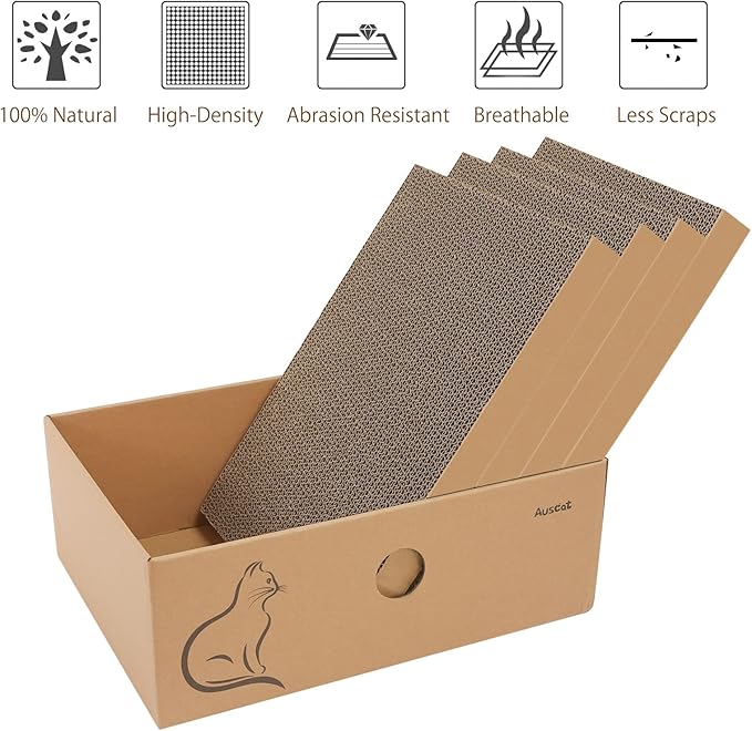 AUSCAT Cat Cardboard Scratcher, 4 PCS Reversible Cat Scratching Boards with Box for Indoor Kitty to Rest and Play, 14.8" L x 10.8" W x 5.2" H.