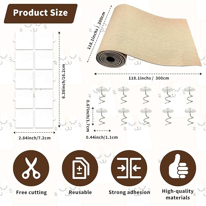 Cat Scratching Mat, 118" x 15.9" Trimmable Self-Adhesive Cat Scratch with 10 Screws 10pcs Adhesive Tape, Furniture Protector, DIY Cats Scratch Mat for Indoor, Wall, Doors, Couch and Cat Tree Shelves