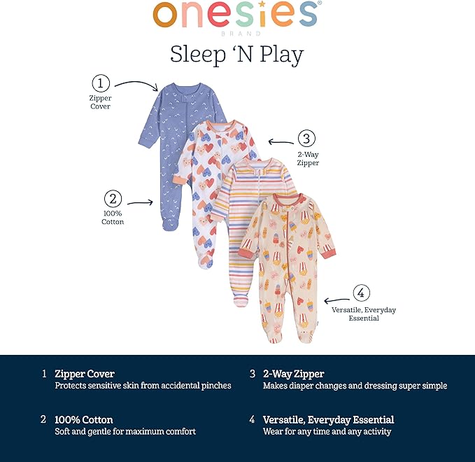 Onesies Brand Baby Girls' 4-pack Sleep 'N Play Footies Multi Pack