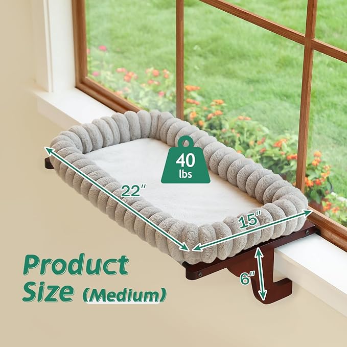 Zakkart SnugCloud Cat Window Perch with 4-Sided Bolster - Orthopedic Cat Hammock for Window Sill - Solid Hardwood & Metal Frame - Window Seat for Pets (Dark Stained Wood w/Gray Bed, Medium)