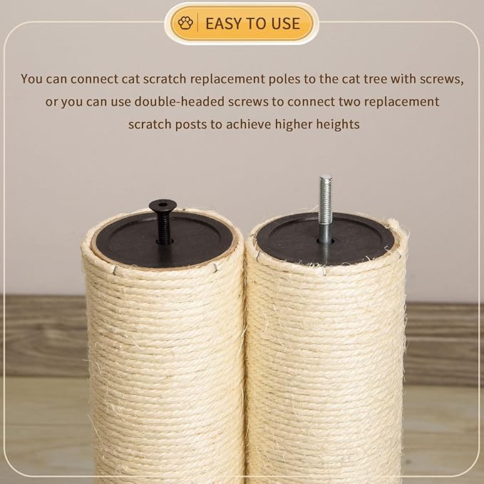 2 Root Cat Scratching Post Replacement 17.72x3.54 Cat Tree Scratch Post Replacement Natural Sisal Pole Cat Scratch Post Refill Pole Part with M8 Screws for Kitten Tree Tower Cat Furniture Accessories