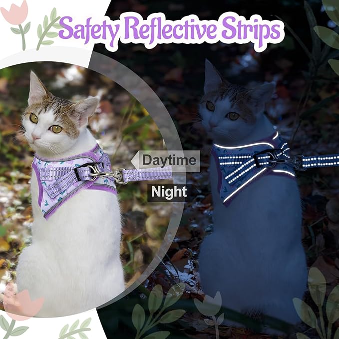 Cat Harness and Leash Escape Proof for Walking, Adjustable Soft Kitten Harness with Reflective Straps Step in Cat Vest Harness for Small Kitten and XS Dogs (Purple, L-Chest(15.7"-17.7"))