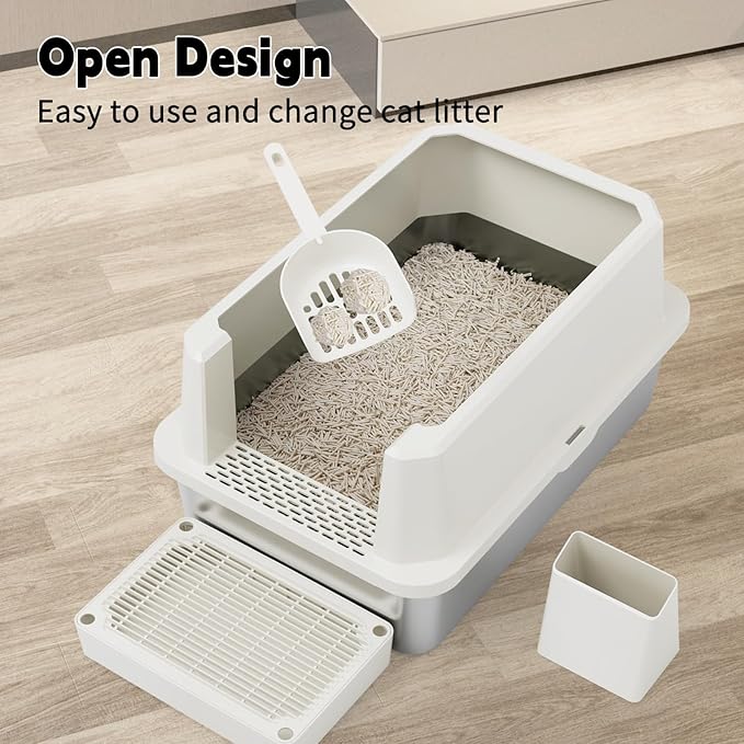 RIZZARI Open Cat Litter Box: Large Beige Stainless Steel Litter Pan 23.8" x 15.9" x 12.4" - High Sided Splash-Proof Easy Clean Toilet for Cats up to 20 lbs - Ideal for - Laundry Areas - Apartments
