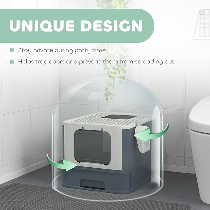 PawHut Cat Litter Box with Lid, Covered Large Cat Litter Box with Scoop, Front Entry and Top Exit, Easy to Clean Kitty Litter Box for Large Adult Cats, White