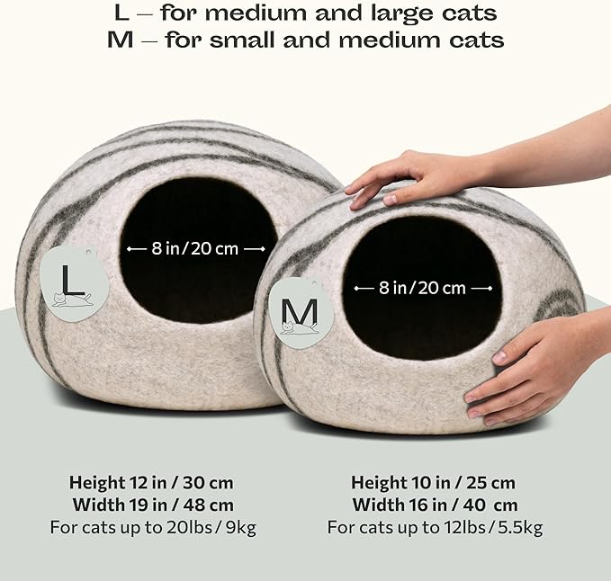 MEOWFIA Cat Cave – Premium Felt Cat Bed for Indoor Cats, Handmade Merino Wool (Light Grey, Medium)