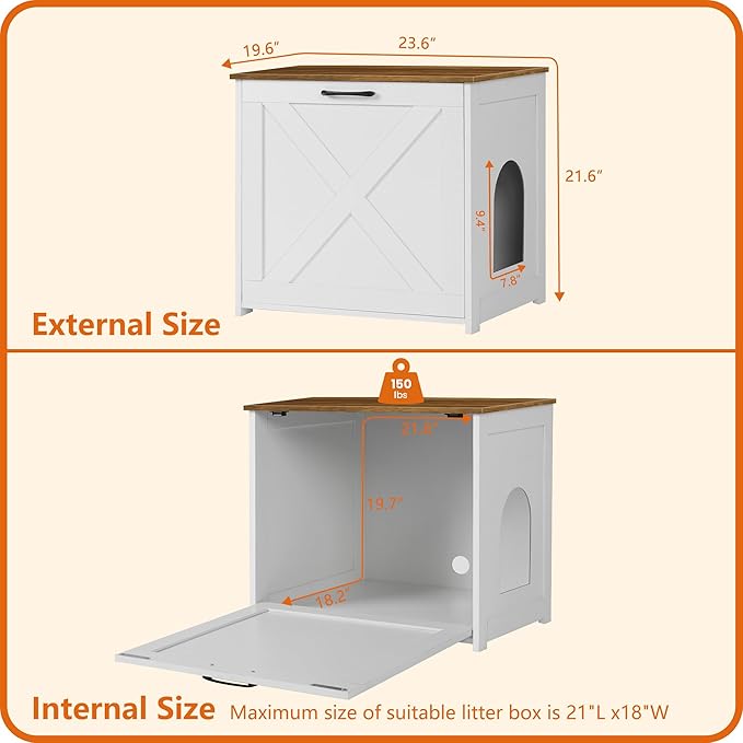 Dwanton Cat Litter Box Furniture Hidden, Cat Litter Box Enclosure, Reversible Entrance Can Be on Left or Right Side, Indoor Cabinet, Wooden Washroom, End Table, White and Warm Brown, 23.6" L
