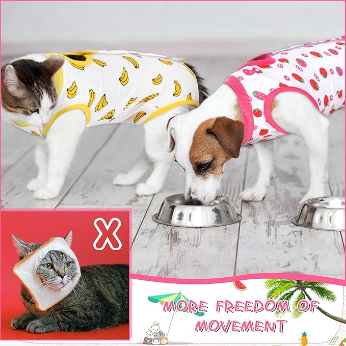 Nuanchu 3 Pieces Cat Recovery Suit Kitten Recovery Suit E-Collar Alternative for Cats and Dogs Abdominal Skin Anti Licking Pajama Clothes Sets(Medium,Strawberry Style,Colorful)