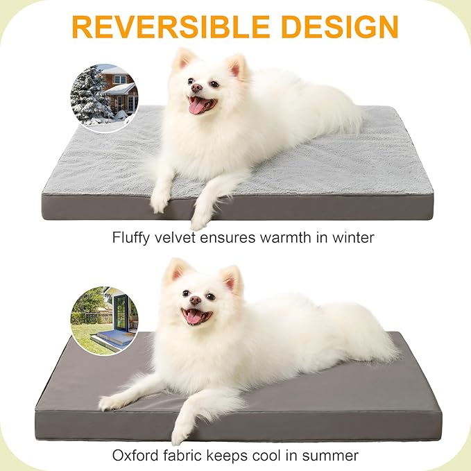 KSIIA Orthopedic Dog Bed, Deluxe Plush Waterproof, 29 x 18 Inch, Gray, 3-Inch Thick High-Density Egg Crate Foam, Removable Cover, Machine Washable