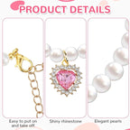 2PCS Kitten Collars Pearl Cat Dog Collar with Small Heart Shape Rhinestone, Cat Collars for Girl Cats, Adjustable Dog Pearl Necklace Collar for Small Dogs and Cats, Pink + Green