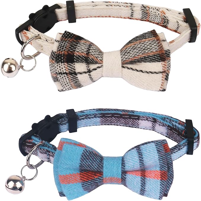 ADOGGYGO Plaid Cat Collars Breakaway with Bow Bell, Removable Bowtie, 2 Pack Beige Blue Plaid Kitten Bow Collar for Cats Kittens