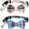 ADOGGYGO Plaid Cat Collars Breakaway with Bow Bell, Removable Bowtie, 2 Pack Beige Blue Plaid Kitten Bow Collar for Cats Kittens