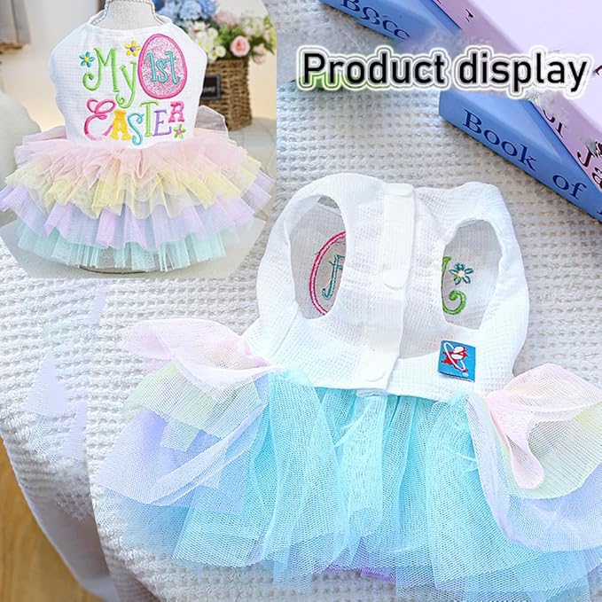 Dog Easter Outfit with My 1st Easter Embroidery Letters Holiday Puppy Dress Rainbow Small Dog Tutu Cat Apparel Fancy Pet Clothes for Chihuahua Yorkie Pomeranian Poodle(Colorful, X-Large)