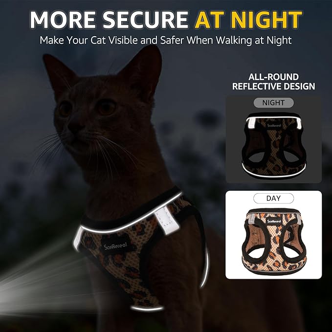 SCENEREAL Cat Harness & Leash Set Escape Proof - Adjustable Air Mesh Vest with Reflective Strips for Kittens, Puppies, Rabbits, Khaki Leopard M
