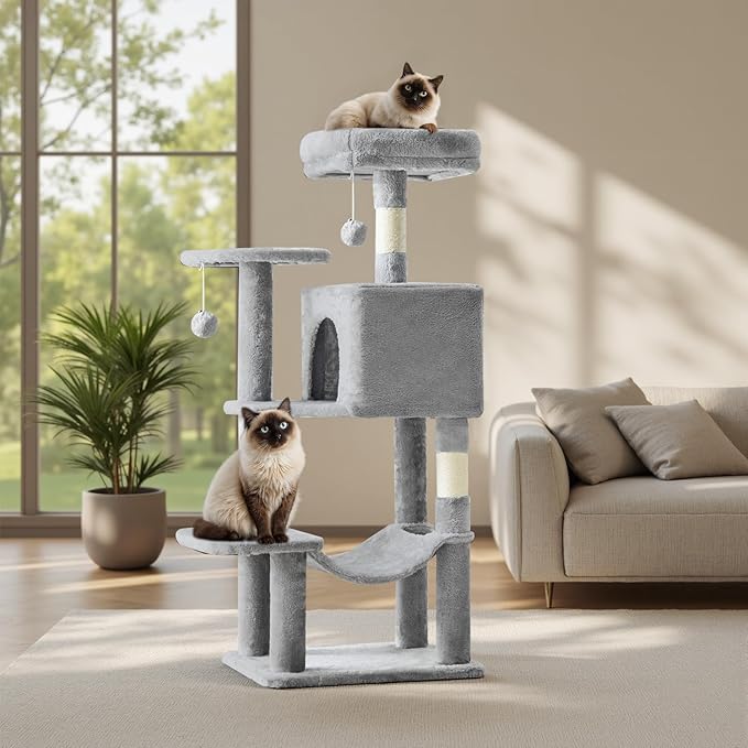 Sweetcrispy 44 Inch Cat Tree Tower, Cat Climbing Tower with Natural Sisal Scratching Posts, Hammock, Pet Condo for Indoor Cats and Kittens Play, Light Grey