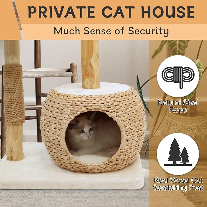 Cat Tree Tower for Indoor Cats, Modern Real Wood Cat Condo with Scratching Post, Jumping Platforms, Hanging Toy Ball for Multi-Cat Households
