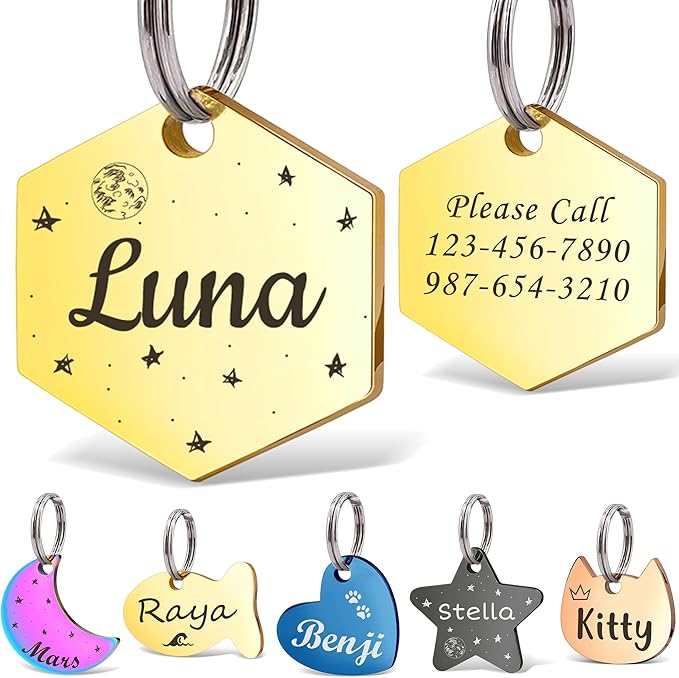 Anavia Small Size Dog Cat ID Tags, Small/XS Personalized Color Plated Stainless Steel Puppy Kitten Name Tags, Customized Engraved Nameplate Pet Collar Tag (Gold, Hexagon)