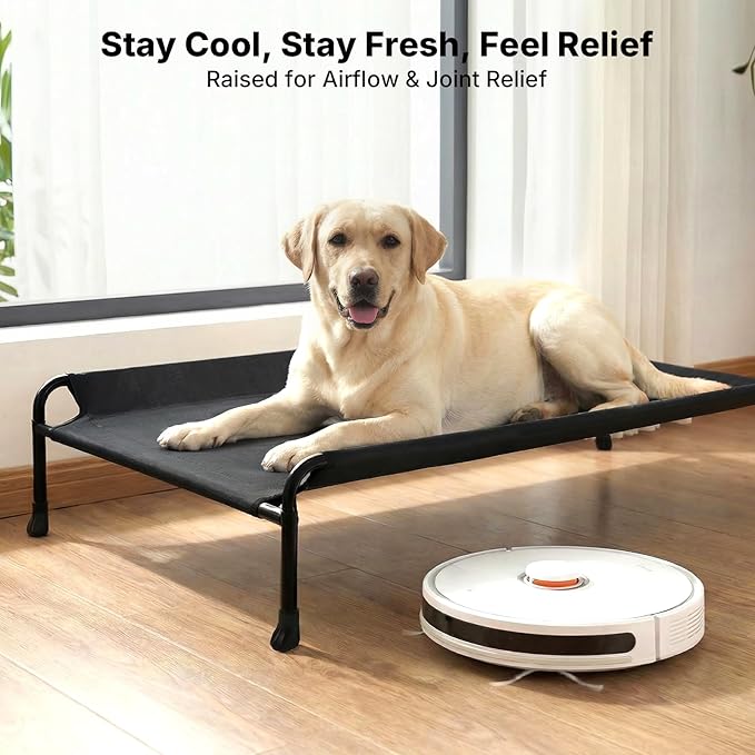 Veehoo Outdoor Elevated Dog Bed with Headrest Sides, Raised Dog Beds for Large Dogs, Washable Cooling Dog Cot with Non-Skid Feet, Breathable Mesh, Pet Hammock for Indoor or Camping, 41", Black