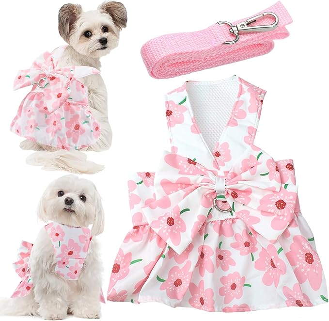 Dog Dress Bowknot Harness Leash Set for Small Girl Dogs Pink Floral Dog Cat Clothes Cute Puppy Outfits Pet Clothes Spring Summer Breathable Dresses(Large)