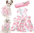 Dog Dress Bowknot Harness Leash Set for Small Girl Dogs Pink Floral Dog Cat Clothes Cute Puppy Outfits Pet Clothes Spring Summer Breathable Dresses(Large)